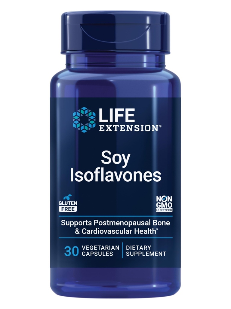 Extensie de viaţă Soy Isoflavones, Inimă, Suport de sănătate osoasă şi celulară pentru femei post-menopauză, Gluten-free, non-GMO, Vegetarian, 30 Capsule