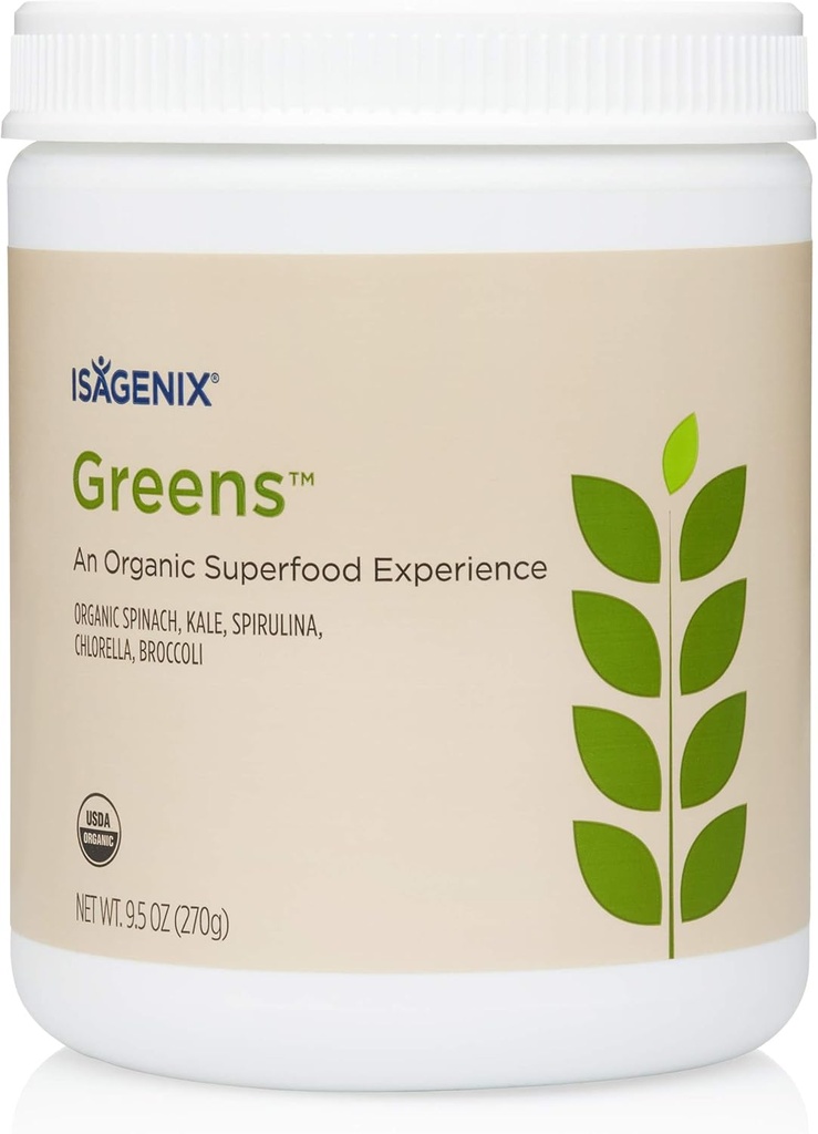 Isagenix Organic Greens, Superfood Drink Mix of Phytonutrient Drink Mix with Organic Spanac, Kale, Spirulina, Chlorella, Broccoli, and More to Support Diet - 270 Grams (30 Servings)