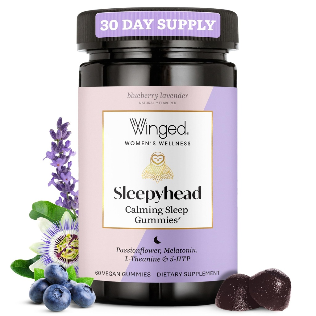Aripa Wellness Sleepyhead Gummies naturale somn pentru femei - prim ajutor de somn pentru adulți cu 3mg Melatonina, L-Theanin, 5-HTP - afine Lavender aroma - 30 Serviri