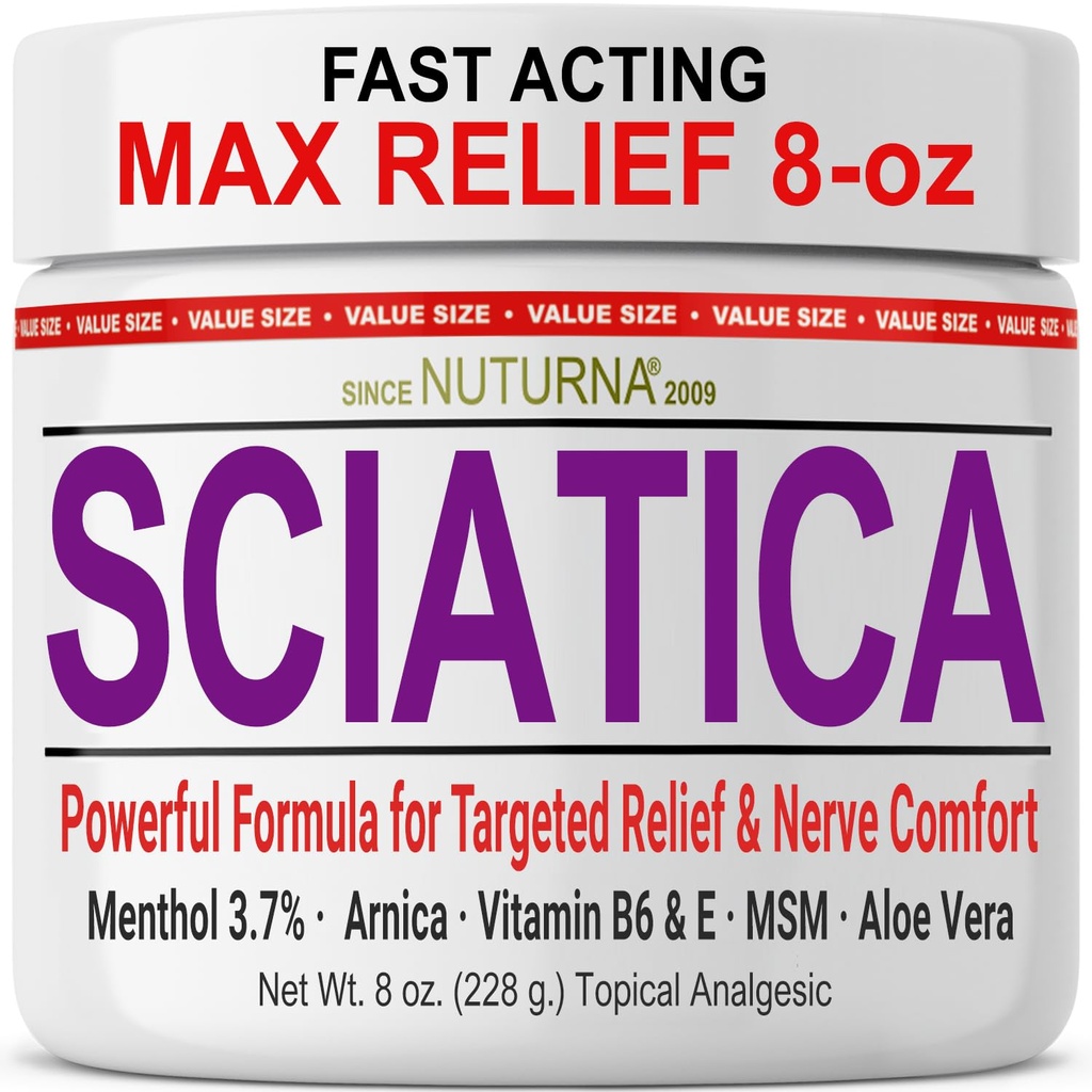 Sciatica Nervi Cream - Putere maximă Comfort Cream pentru picioare, mâini, picioare, degetele de la picioare, spate - Natural Ultra Putere Arnica, MSM, Mentol, Soothing Comfort, Mari 8 Oz