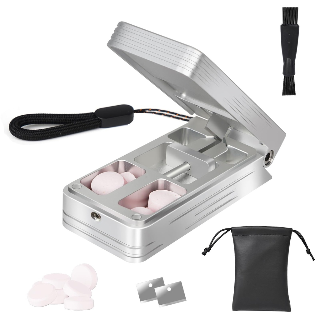 Pilula Cutter pentru pastile mici și mici, Professional Aluminum Pill Splitter cu dispozitiv de centrare automată și 2 Lame de oțel inoxidabil înlocuibile, Pilulă portabilă Splitter cu PU Case (Argint)