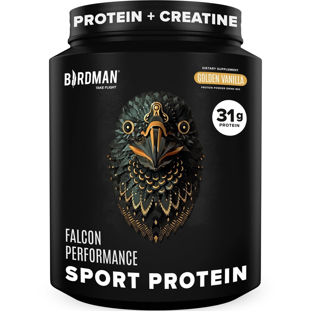 BIRDMAN Falcon Performanta praf de proteine Vegan, 31g Proteina, 5g Creatina, 5g BCAA, Probiotice, Electroliti, Pre Workout, Carb scăzut, Zahar Free & Dairy Proteina de Vanilie -19 Serviri