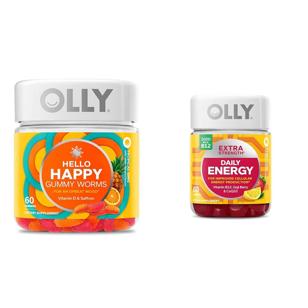 OLLY Hello Gummy Gummy Happy Worms, Mood Balance Support, Vitamina D, Saffron, Adult Chewable Supplement & Extra Power Daily Energy Gummy, Caffeine Free, 1000mcg Vitamina B12, CoQ10, Goji Berry