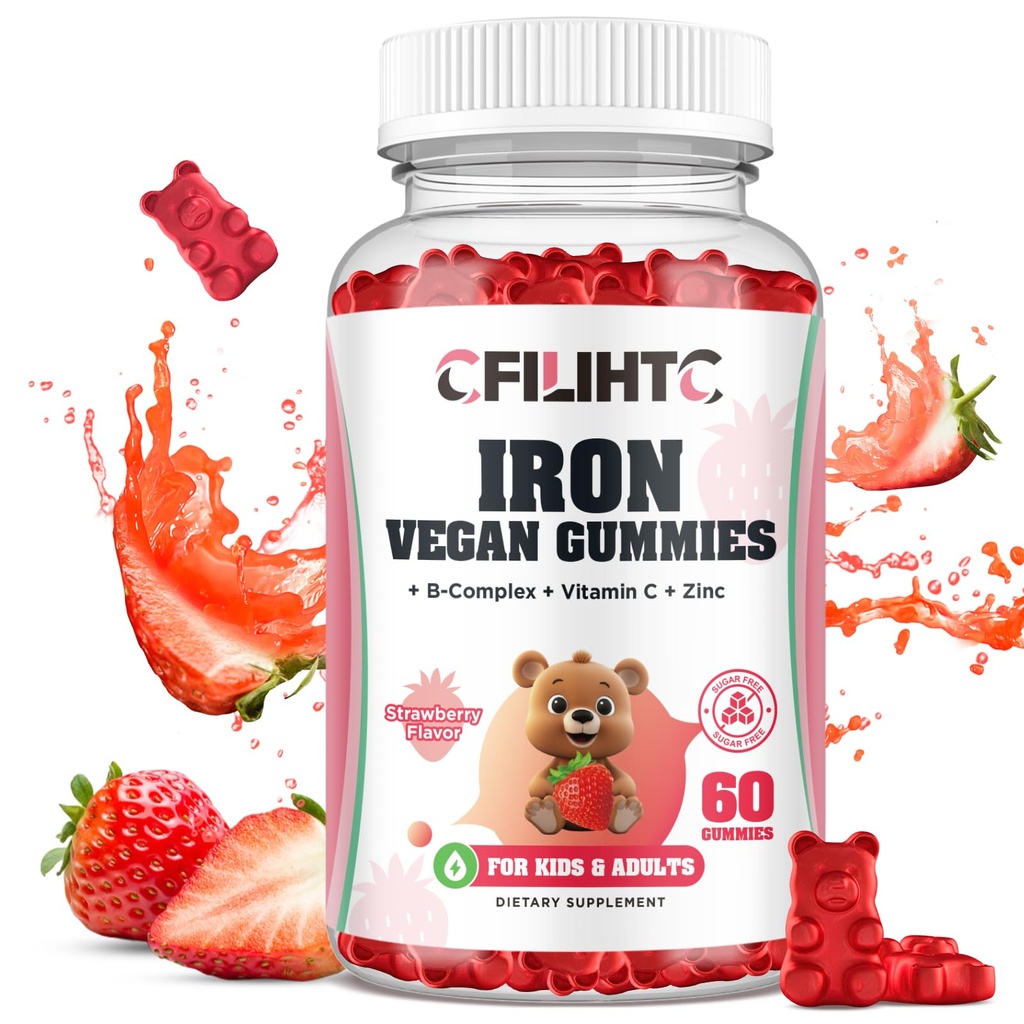 Gume de fier pentru copii, Femei si barbati, Supliment de fier cu multivitamine - Complex vitamina B, C, B6, B12, Folate, Zinc pentru anemie, Deficit de fier, Constructor de sange, Energie - Aroma de capsuni, Vegan 60ct