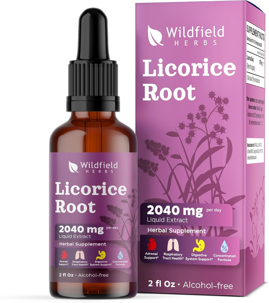 Extract de rădăcini de lemn dulce picături 2000mg (Glycyrrhiza glabra L.) Suplimentul vegetal absorbe mai bine decât capsulele, 1 lună de aprovizionare, 84 Serviri, Tinctură fără alcool - 2 Oz, ambalaj de 1