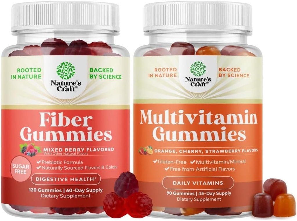Bundle of Fiber Gummies for Adulti - Cicoare Root Supplement with Prebiotic for Gut & Digestive - Sugar Free & Vegan and Multivitamine Gummies for Adulti - Halal Multivitamine Gummy with B12 Biotin