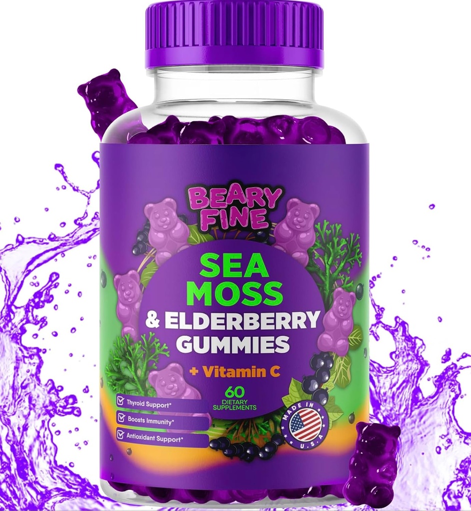 Sea Moss Gummies & Elderberry - Vitamina C + Pigment suplimentar Suport Immun si tiroid Ursuleti Gummy pentru copii si adulti - 60 Seamoss Gummies - Made in the USA