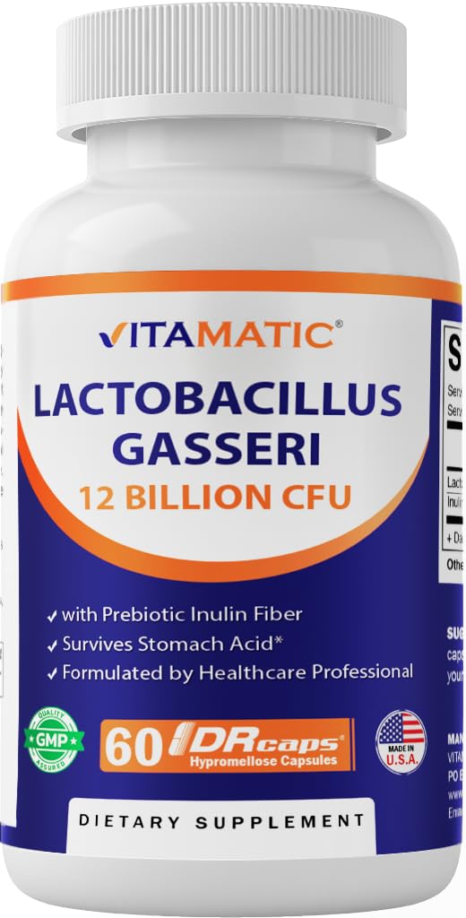 Vitamatic Lactobacillus Gasseri - 12 miliarde per capsule DR - 60 Conte - Suport digestiv - Made with Prebiotic Inulin Fiber