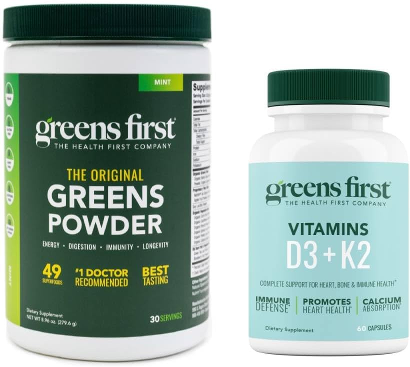 Greens First - Mint - 30 Servings - Greens Powder Superfood, 49 Superfoods, 15+ Ecological Fruit & Legume, Dairy Free, Vegan & Non-GMO - 9,86 oz și D3+K2 Vitamine, 60 Capsule vegetale