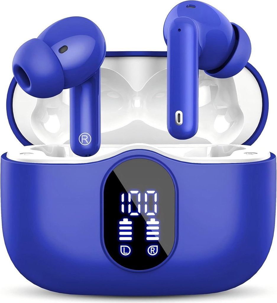 Căști fără fir Bluetooth 5.3 Căști Bass Stereo Muguri urechi cu zgomot Anulare Mic LED Afișare în ureche Căști IP7 impermeabil 36H Timp de joacă pentru Laptop Pad Telefoane Sporturi antrenament albastru