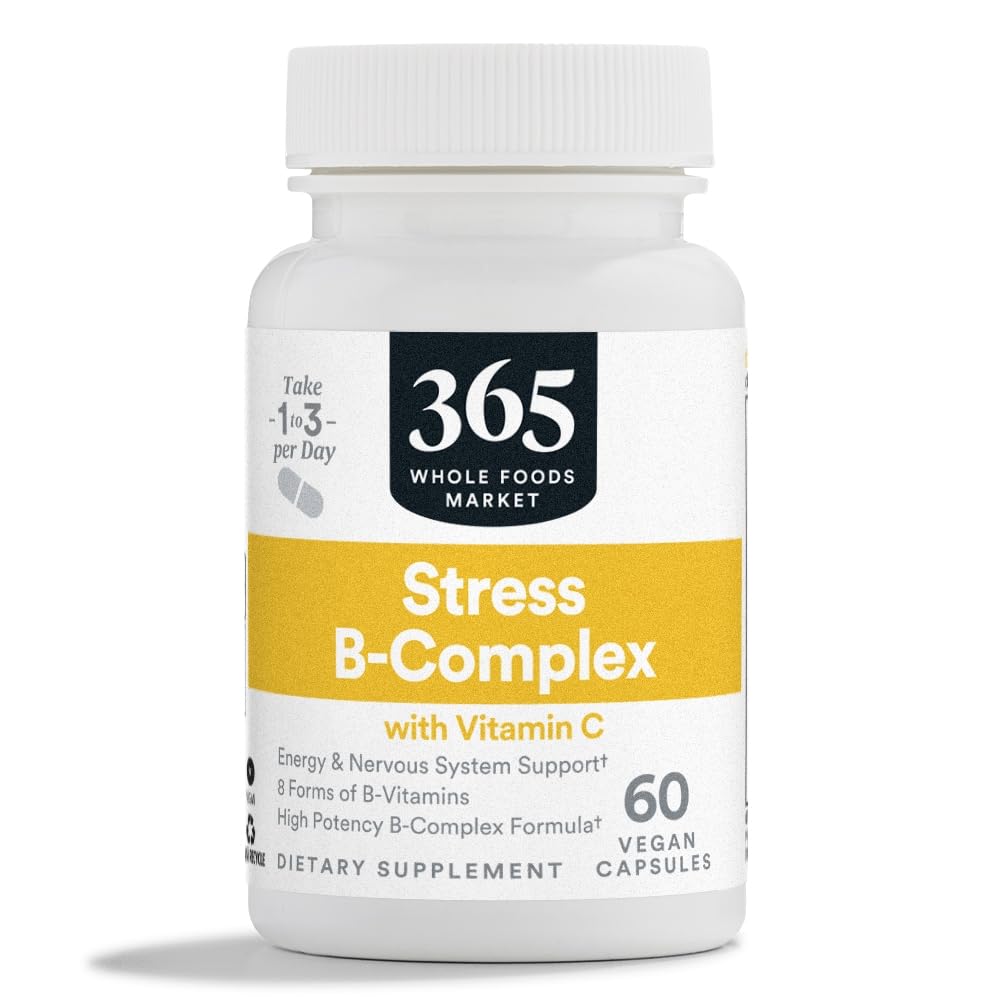 365 de Whole Foods Market, Stress B-complex cu vitamina C, Energie & Sistem nervos de suport, Vegan, 60 capsule