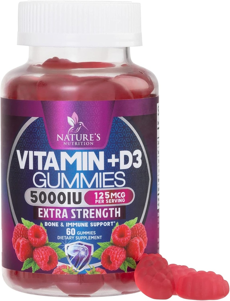 Vitamina D3 Suplimentul Gummy 5000 UI (125 mcg) Vitamine dietetice D pentru bărbaţi şi femei - Bone, Dinţi, Muscle şi Immune Health Support, potenţă mare VIT D3 Natura Non-GMO & Gluten Free - 60 Gume