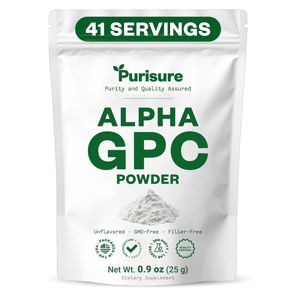 Purisure Alpha GPC pulbere, 25 g, Pure Alpha GPC Choline Supliment pentru creier și Focus, Suplimente CDP Choline pentru performanță de memorie & concentrare, Fără Fillere, non-GMO, Oferte 42 Serviri