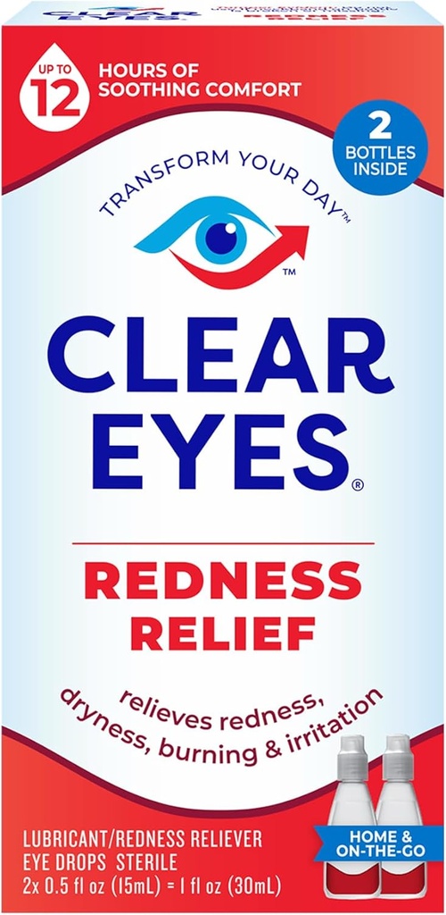 Clear Eyes Redness Relief Eye Picături, Albiți ochii și Relieve Uscăciune, Ardere și Iritație, 2 x 0,5 Fl Oz, Twin Pack