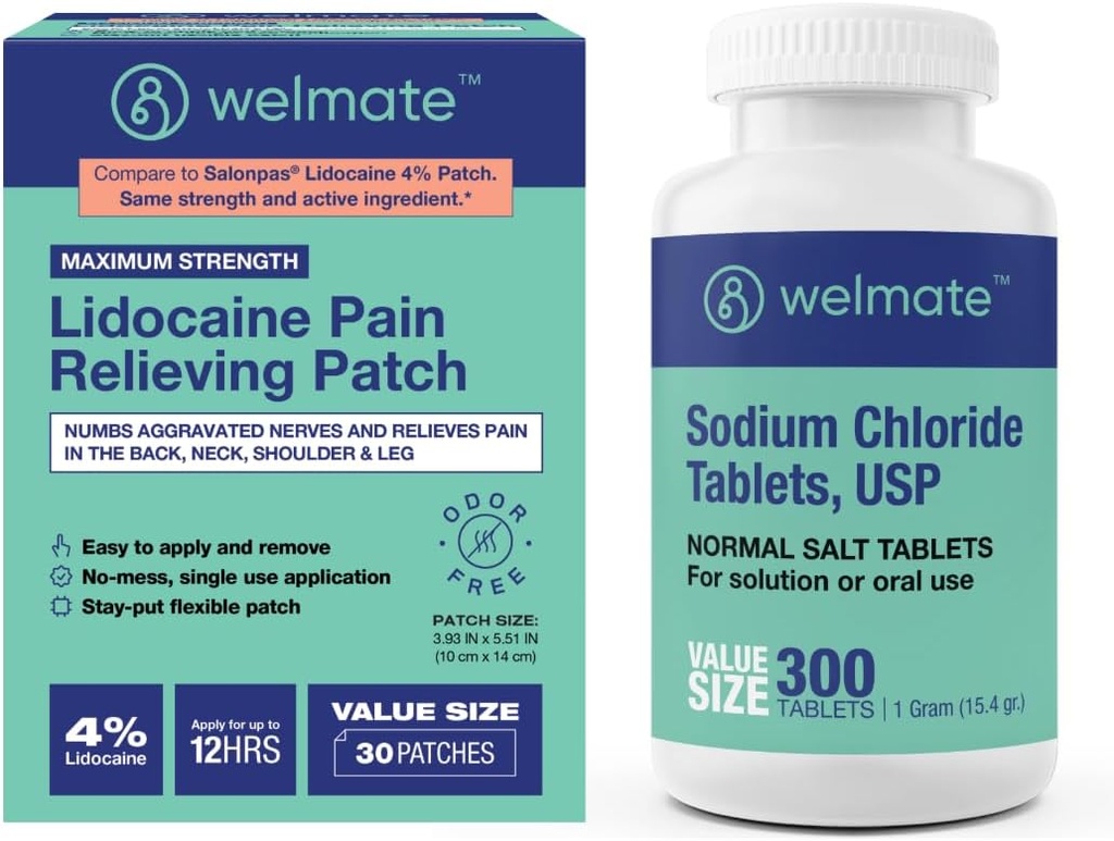 Lumânare de recuperare WELMATE: Comprimate de clorură de sodiu, 300ct + 4% Lidocaină Numbing Patch 30 ct