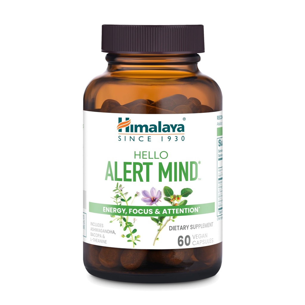 Himalaya Hello Alert Mind with L-Theanine, Ashwagandha, Bacopa, Vitamina B6 & B12, for Energy, Focus & Attention, Vegan, Gluten Free, 60 Capsule