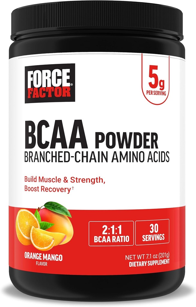 Force Factor BCAA Aminoacids Supliment 2:1:1, Delicious and Refreshing BCAA Powder to Support Muscle Recovery and Performance, No Artificial Colors or Flavors, Orange Mango, 30 Servings