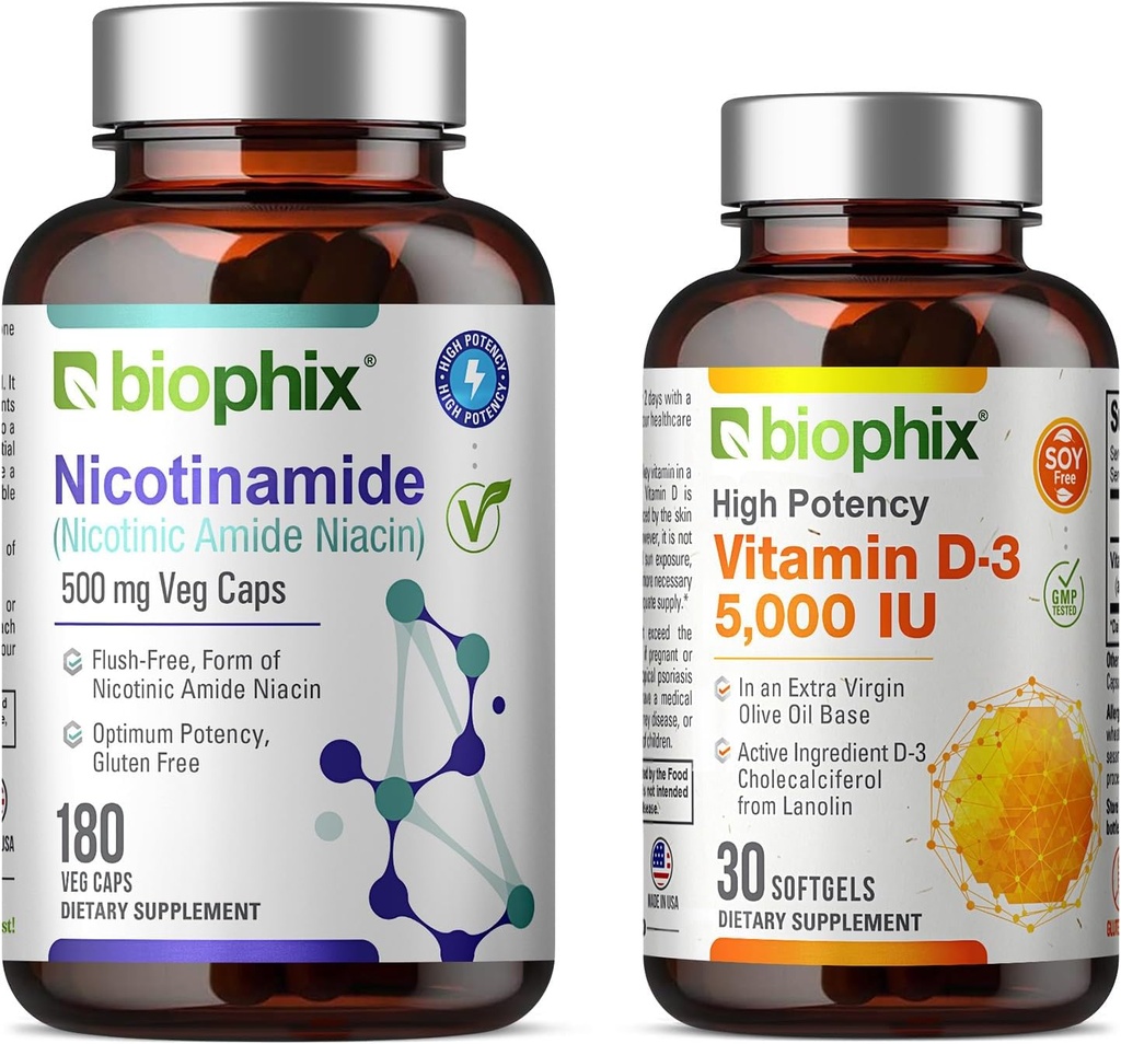 biofix B-3 Nicotinamidă 500 mg 180 Vcaps Plus Vitamină D-3 5000 UI 30 Softgels - Nicotinic Amide Niacin Formula de vitamine naturale fără culoare - Susţine sănătatea celulelor pielii