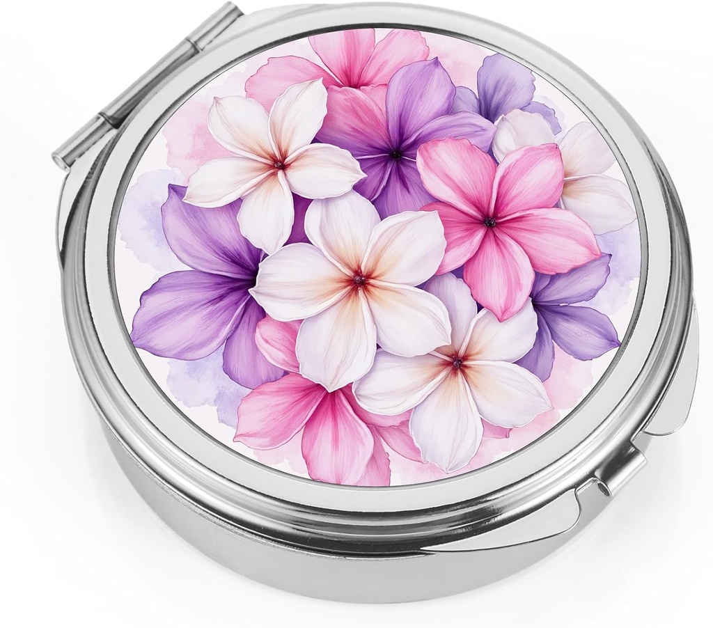 Dynippy Pill Case Pill Box with Mirror Pocket 3 Compartment Medicine Case Vitamin Pill Organizer for Pocket Purse and Travel (Round, Silver-BloomBurst)