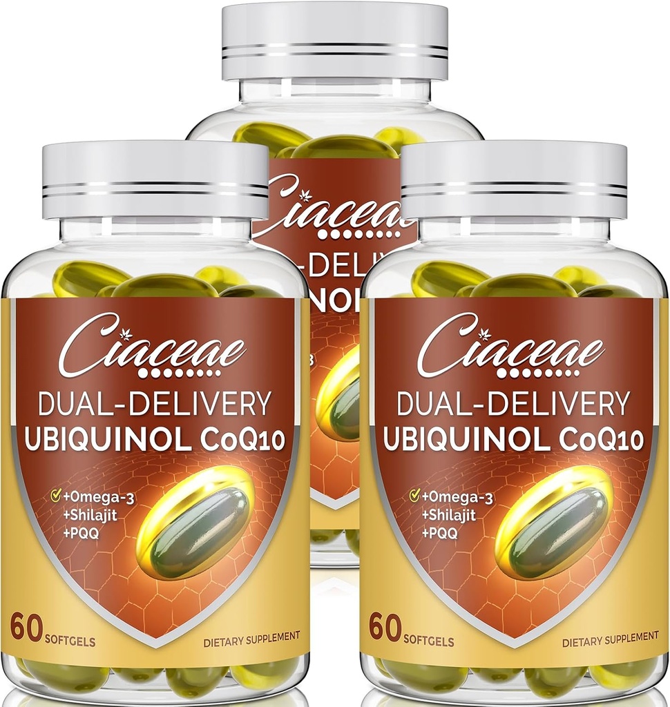 Ubichinol CoQ10 600 MG Softgels cu Omega-3 & Shilajit & PQQ, Coenzime Dual-Delivery-Q10, Supliment activ CoQ10 Ubichinol pentru fertilitate, Antioxidant, Inimă, Creier & Energie, 180 Servings