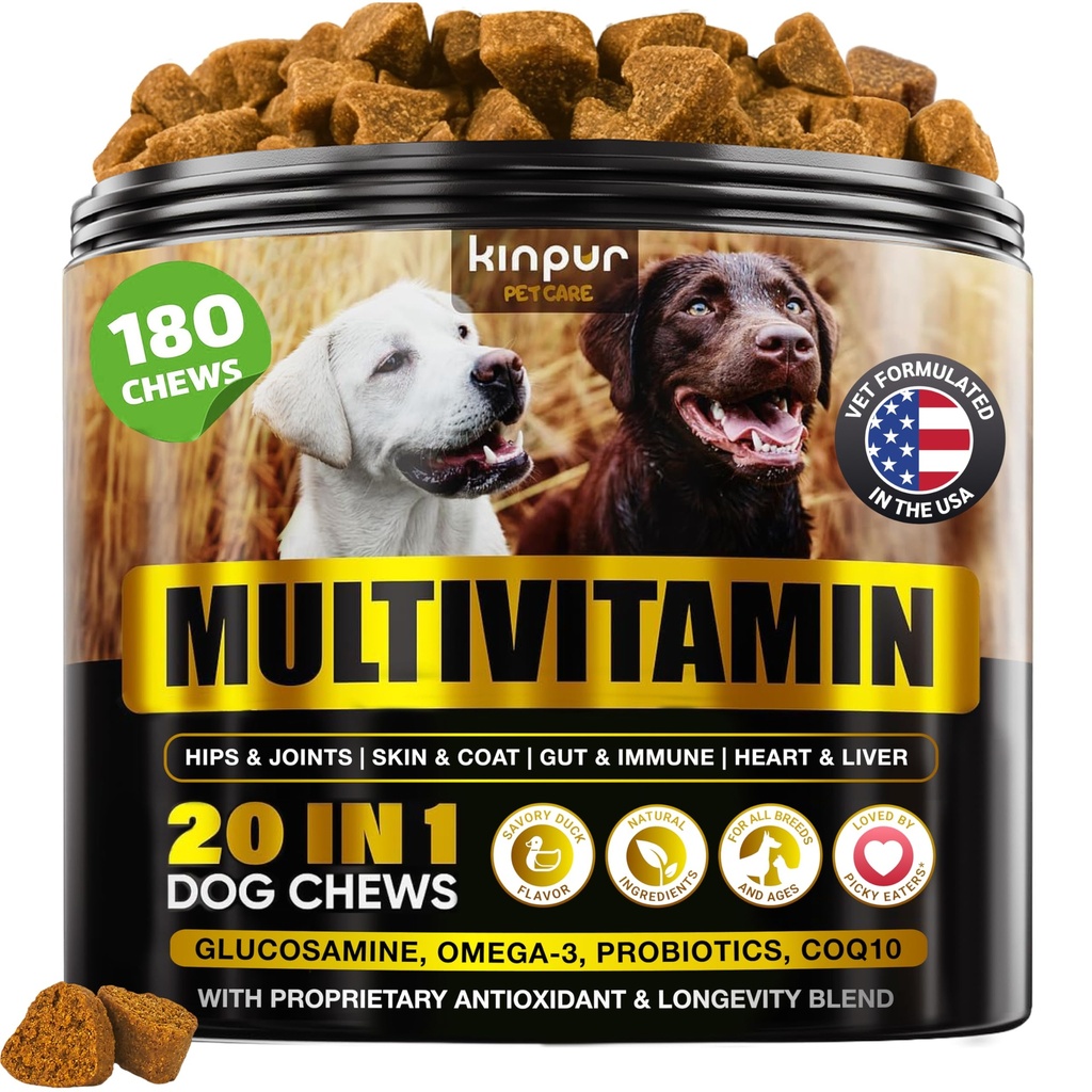 20-in-1 caine Multivitamine Suplimente - Imunitate, Digestie, Suport pentru sanatatea articulara si cardiaca - Vitamine naturale de câine cu Biotin, Msm, Cranberry, Glucosamină pentru câini - 180 Chews