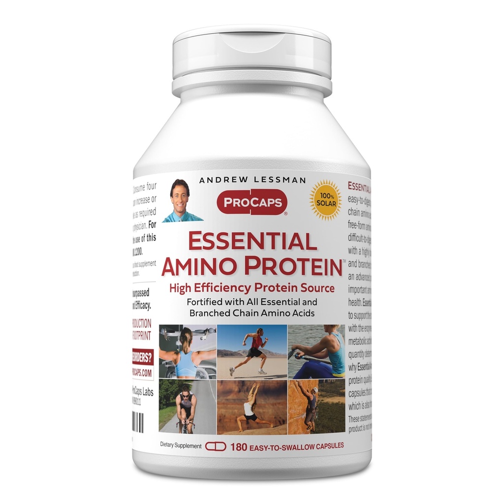 ANDREW LESSMAN Essential Amino Proteine 180 Capsule - o sursă de proteine extrem de biodisponibil cu aminoacizi esentiali si ramificati lant. Sprijină structura și funcția organelor și țesuturilor cheie.