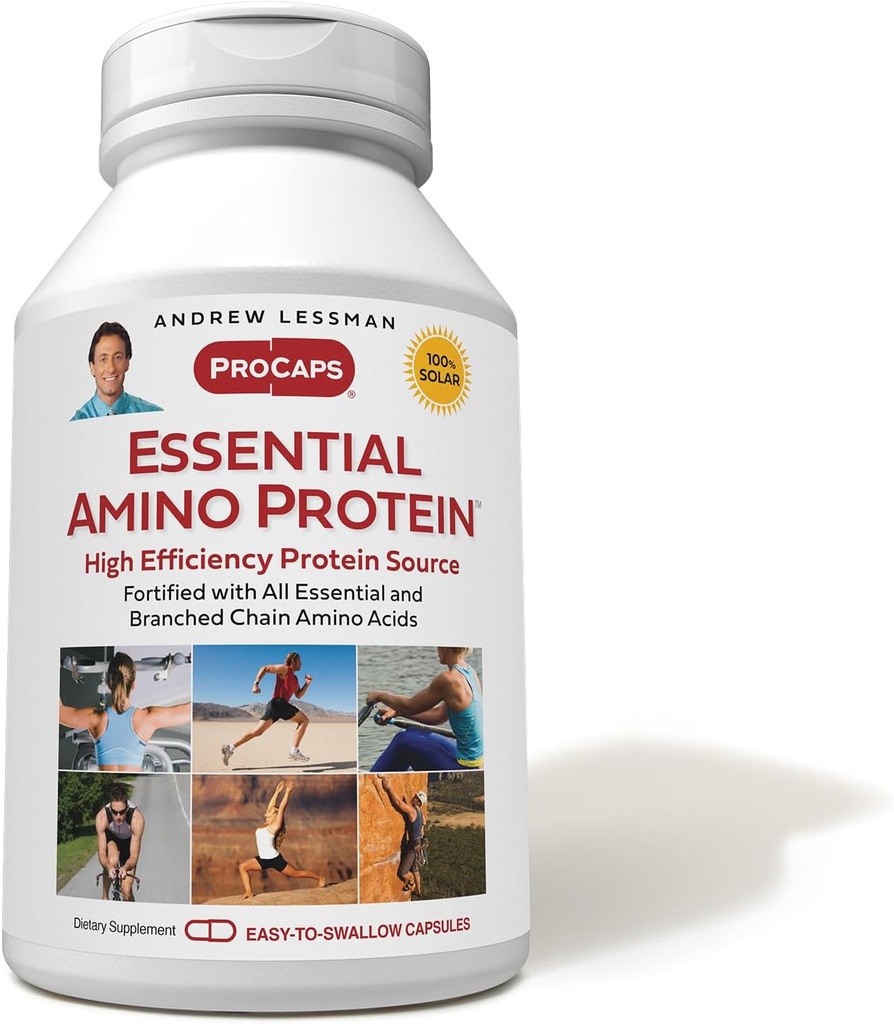 ANDREW LESSMAN Essential Amino Proteine 180 Capsule - o sursă de proteine extrem de biodisponibil cu aminoacizi esentiali si ramificati lant. Sprijină structura și funcția organelor și țesuturilor cheie.