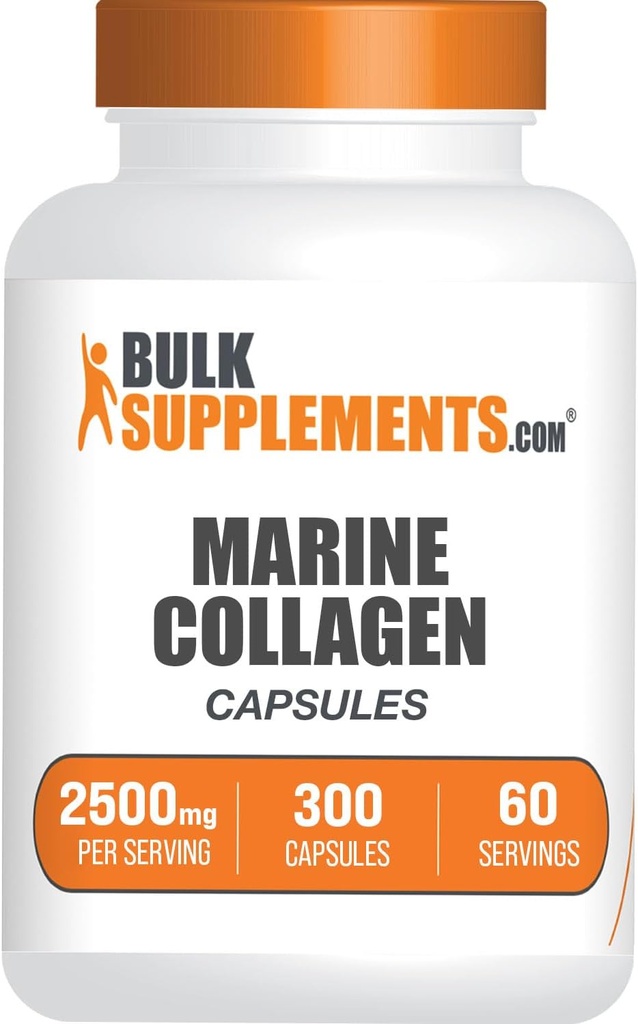BulkSupplements.com Capsule de colagen marin - supliment de colagen de pește, Colagen pentru femei și bărbați - Colagen hidrolizat, gluten gratuit, 5 capsule per servire, 300 capsule (Pachet de 1)