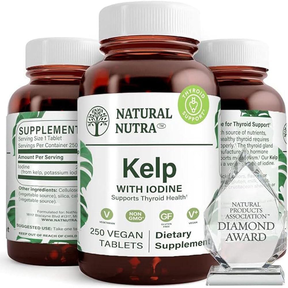 Natural Nutra Kelp Iodine supliment de suport tiroidian, consolidează sistemul imunitar, și reglementează metabolismul, Marea Vegan Kelp, Non OMG, Atlantic extract de alge marine surse, 225 mcg, 250 comprimate (Pachet de 2)