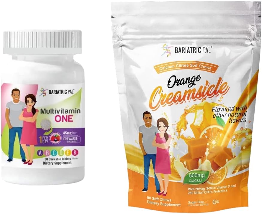 BariatriciPal 30-Day Bariatric Vitamina Bundle (Multivitamine ONE 1 pe zi! Masticabil cu 45 mg de fier - mixt Berry și calciu Citrate Soft Chews 500 mg cu Probiotice - Orange Creamsicle)