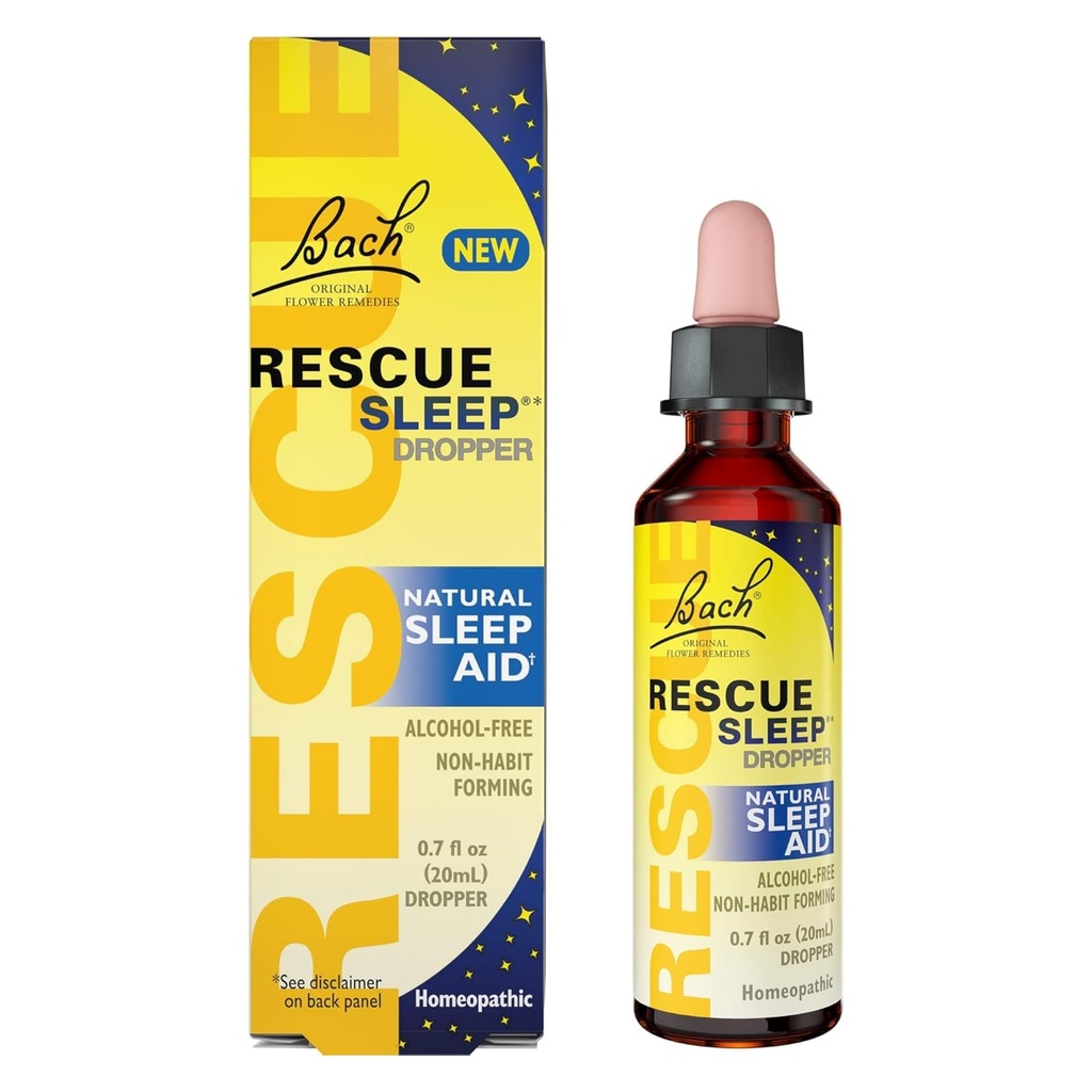 Bach RESCUE SLEEP Dropper 20mL, Natural Sleep Aid, Homeopatic Flower Essence, Free of Melatonin, Sugar, & Gluten, Family-Friendly, non-alcool Formula