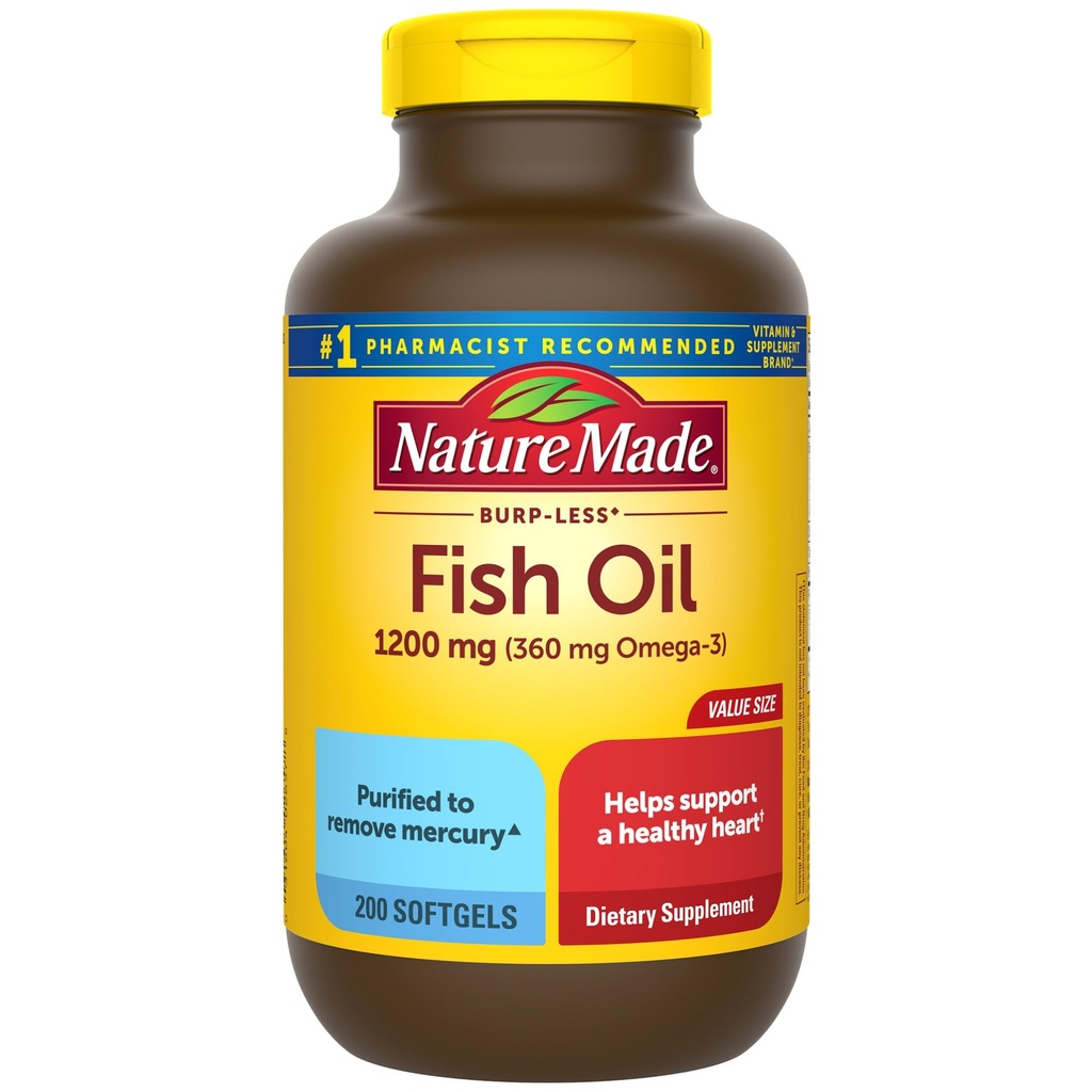 Natura făcut Burp mai puțin ulei de pește Omega 3 Suplimente, 1200 mg Softgels, Omega 3 ulei de pește pentru suport cardiac sănătos, 200 Softgels, 100 zile de aprovizionare