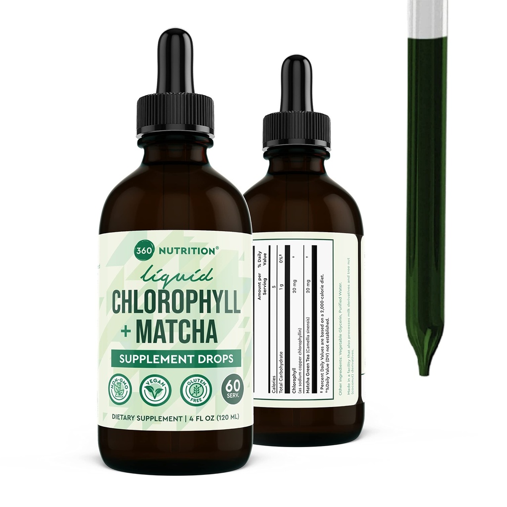 360 Nutritie Matcha Clorofila Picături lichide cu L-Theanină, Gluten Free & Vegan supliment intern deodorant, Sprijină Sănătatea Gut, Digestion, Energie, Radiant Skin, Absorbție rapidă, 60 Serviri