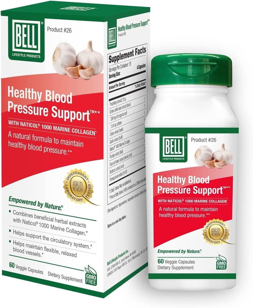 Bell Healthy Hlood Pressure SupportTM Unique Blend - Amestec natural de extract de fasole verde de cafea, suplimente de semințe de usturoi și telina- 60 capsule, Vegan, non-GMO