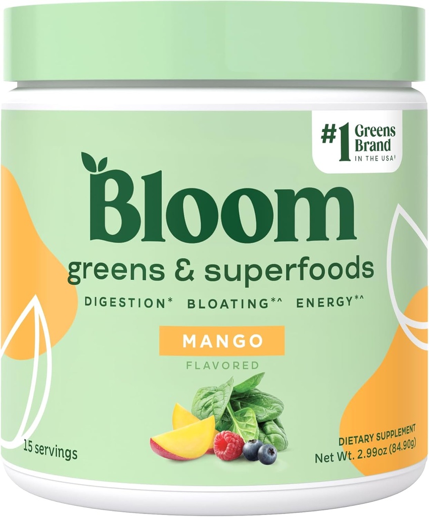 Bloom Nutrition Superfood Greens Powder, Digestive Enzymes w/Probiotics & Prebiotics, Gut Health, Blooting Relief for Women, Chlorella, 15 SVG (15 Servings (Pachet de 1), Mango)