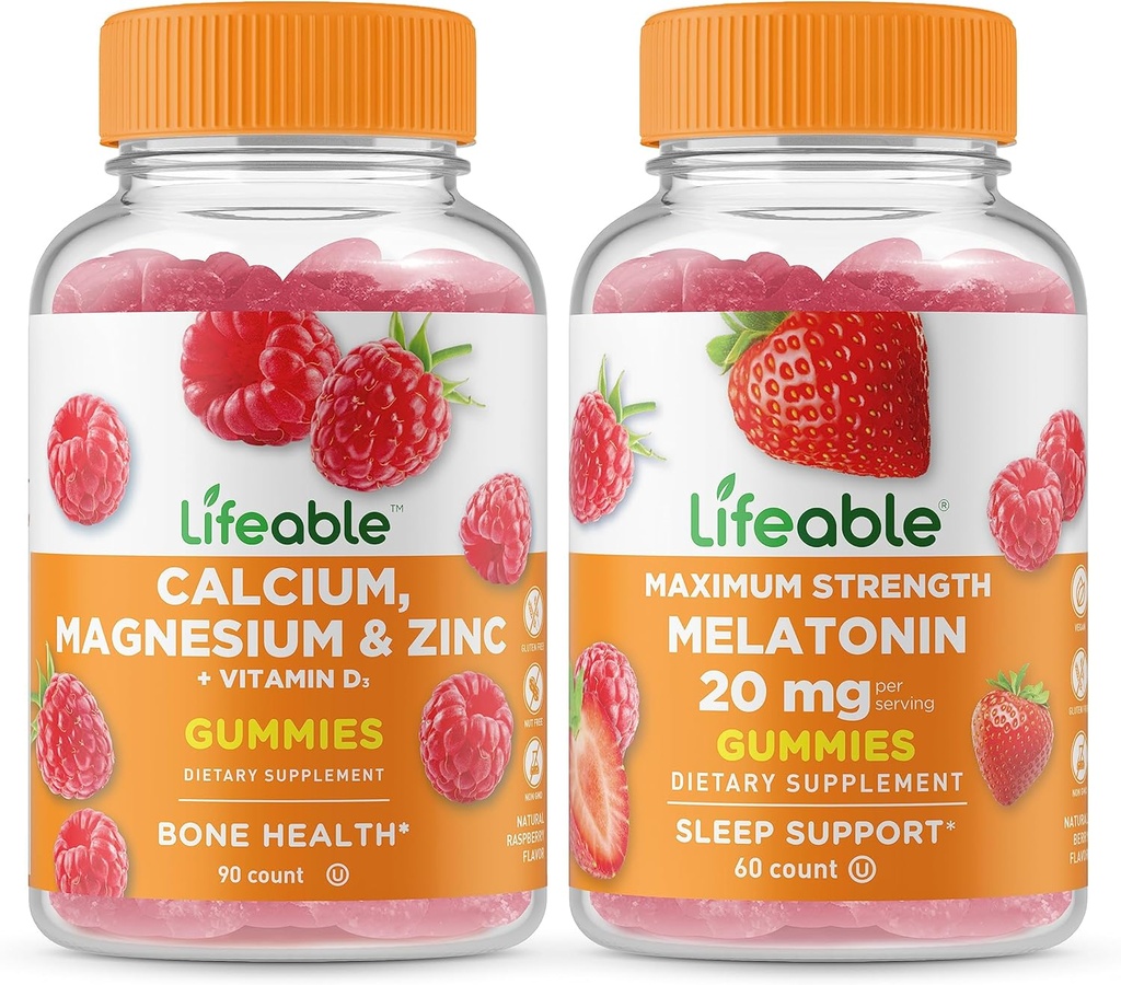 Calciu, magneziu, zinc & vitamina D + Melatonina 20mg, Gummie Bundle - mare degustare, Supliment de vitamine, Gluten gratuit, OMG-uri gratuit, Gummy mestecabil