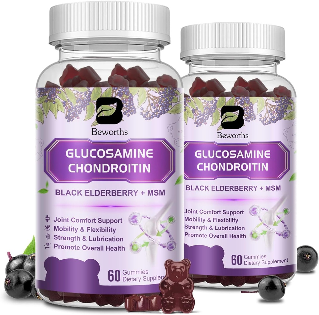 (2 ambalaj) Glucosamină Chondroitin Gummies, supliment suplimentar de sprijin comun de rezistență cu MSM și Elderberry pentru mobilitate și flexibilitate, suport antioxidant pentru bărbați și femei, 120 gume