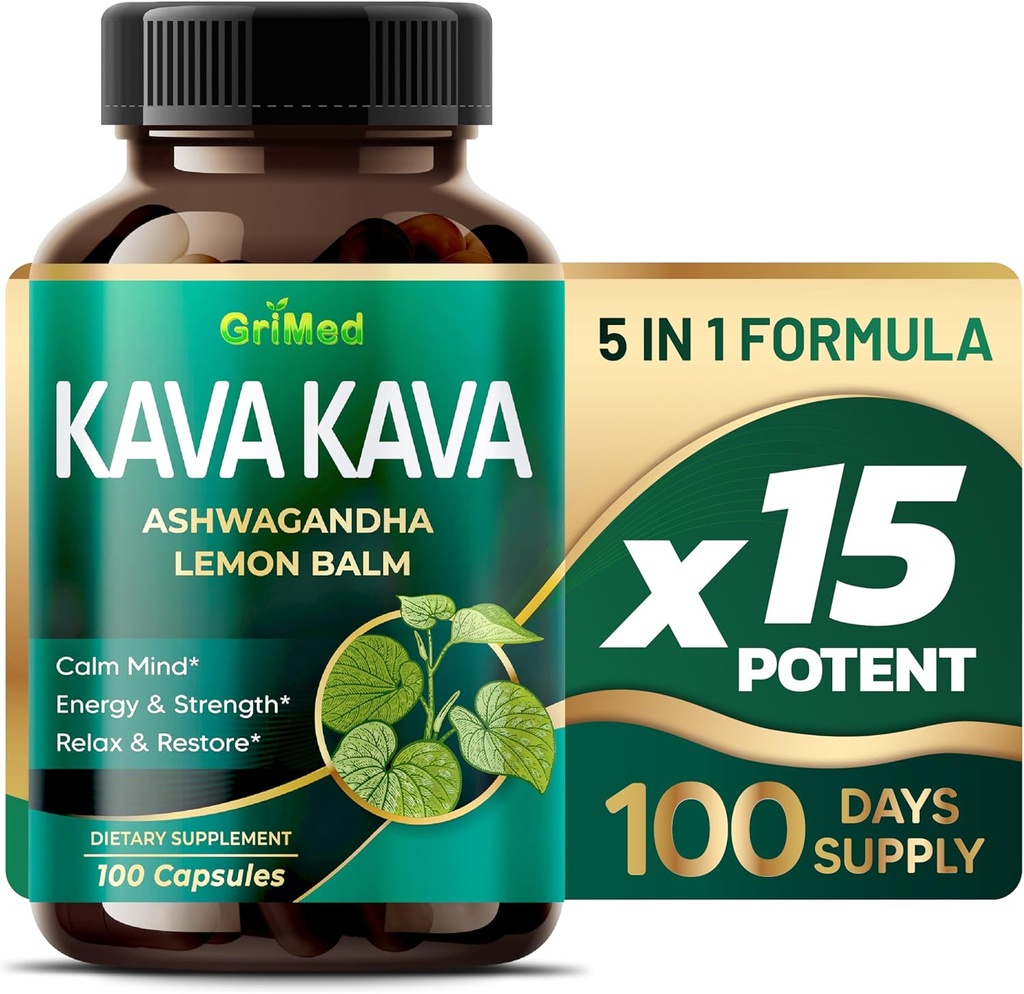 Grimed Kava Kava 19,700mg - X 15 Putere cu Ashwagandha Lemon Balm - Putere, Relaxare, Restaurare, Calm - Made in USA (100 Count (Pachet de 1))