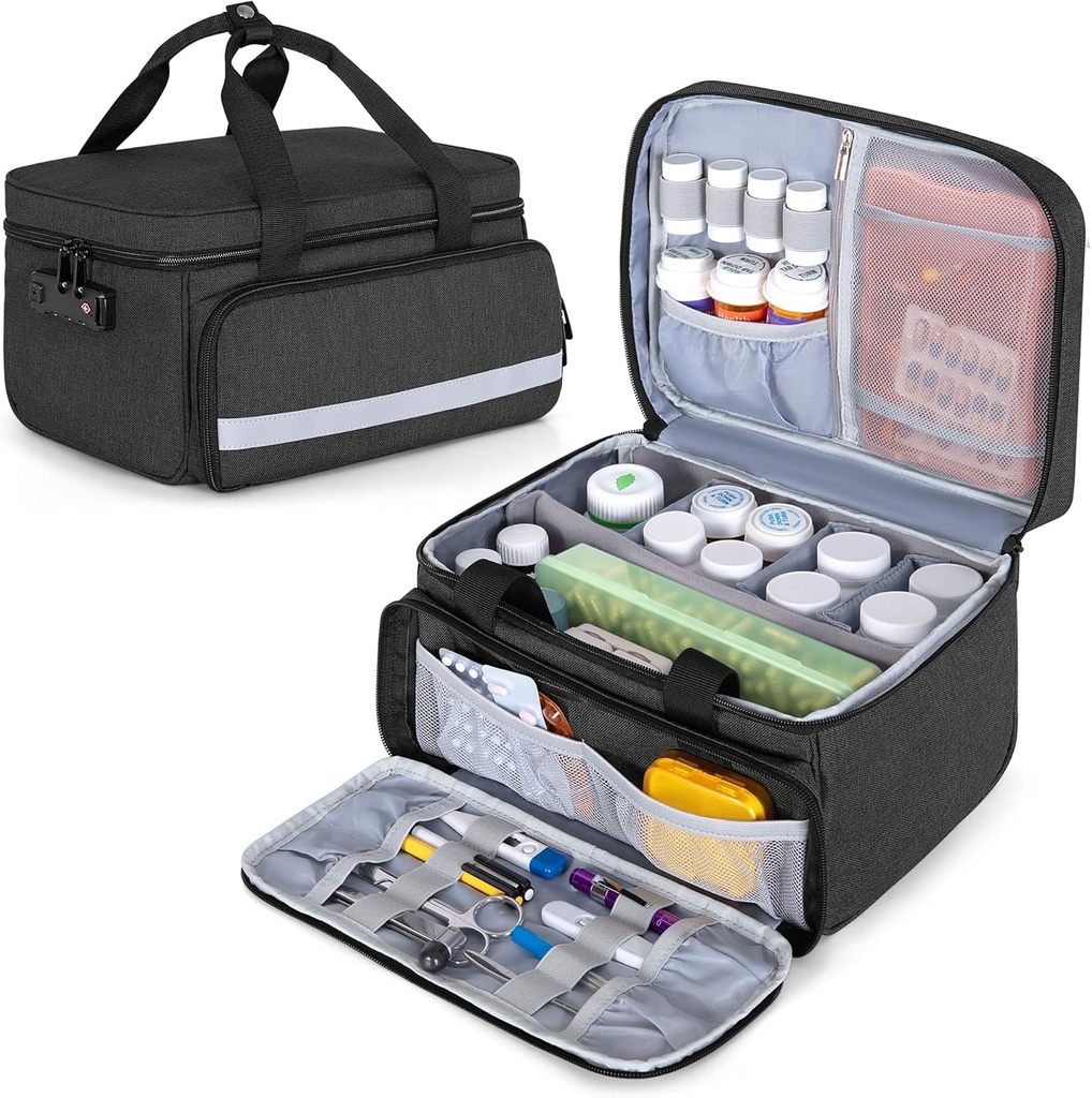 CURMIO Sticla de pastile Organizator depozitare, cutie de blocare medicamente pentru organizator de pastile și materiale medicale, negru (design patentat)