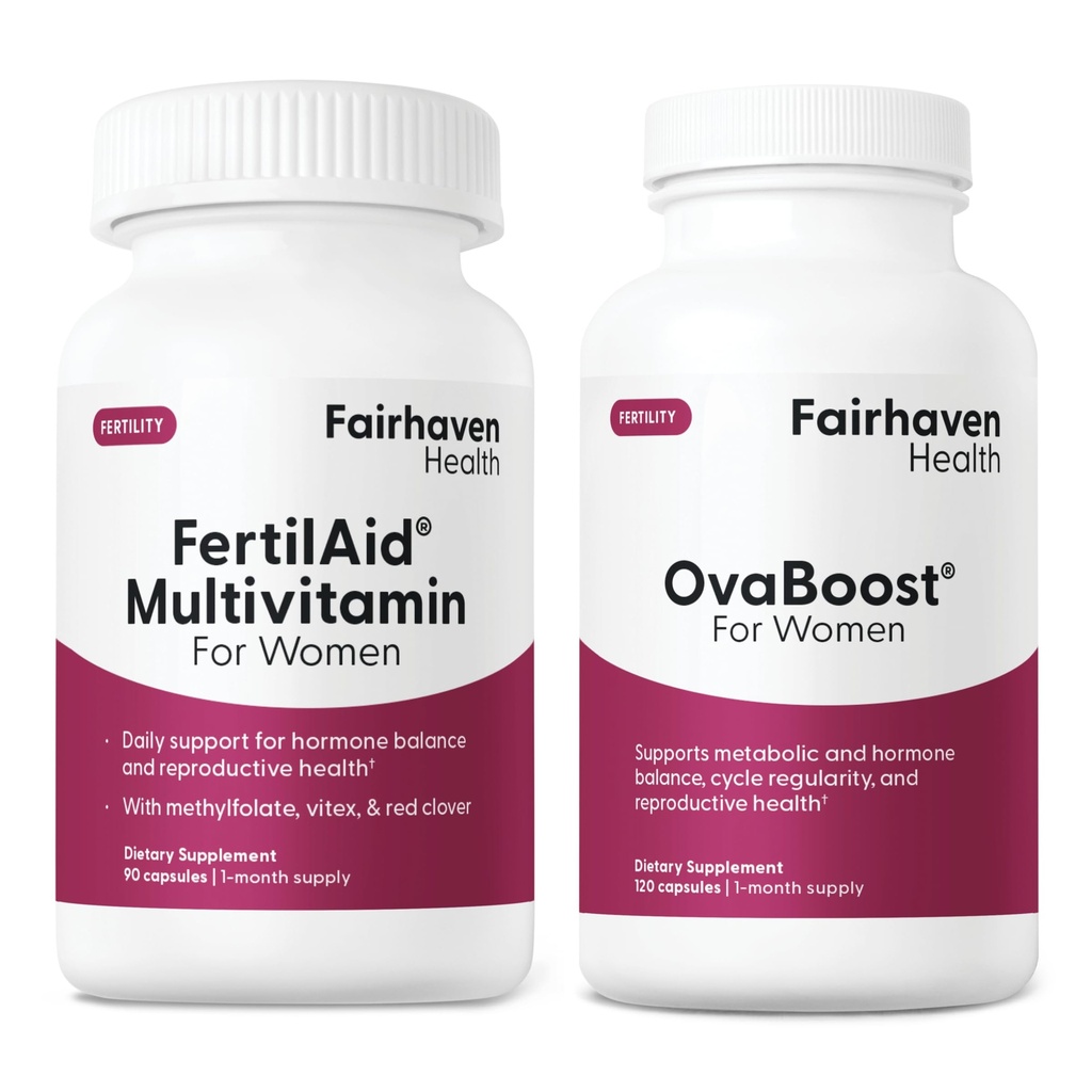 FertilAid pentru femei & Combo Ovaboost, Suplimentul de fertilitate feminină & Vitamina fertilitate naturală cu Myo-Inositol, Vitex & Vitamine pentru a sprijini Ovulație, Regularitatea ciclului și calitatea ouălor, 1 lună de aprovizionare