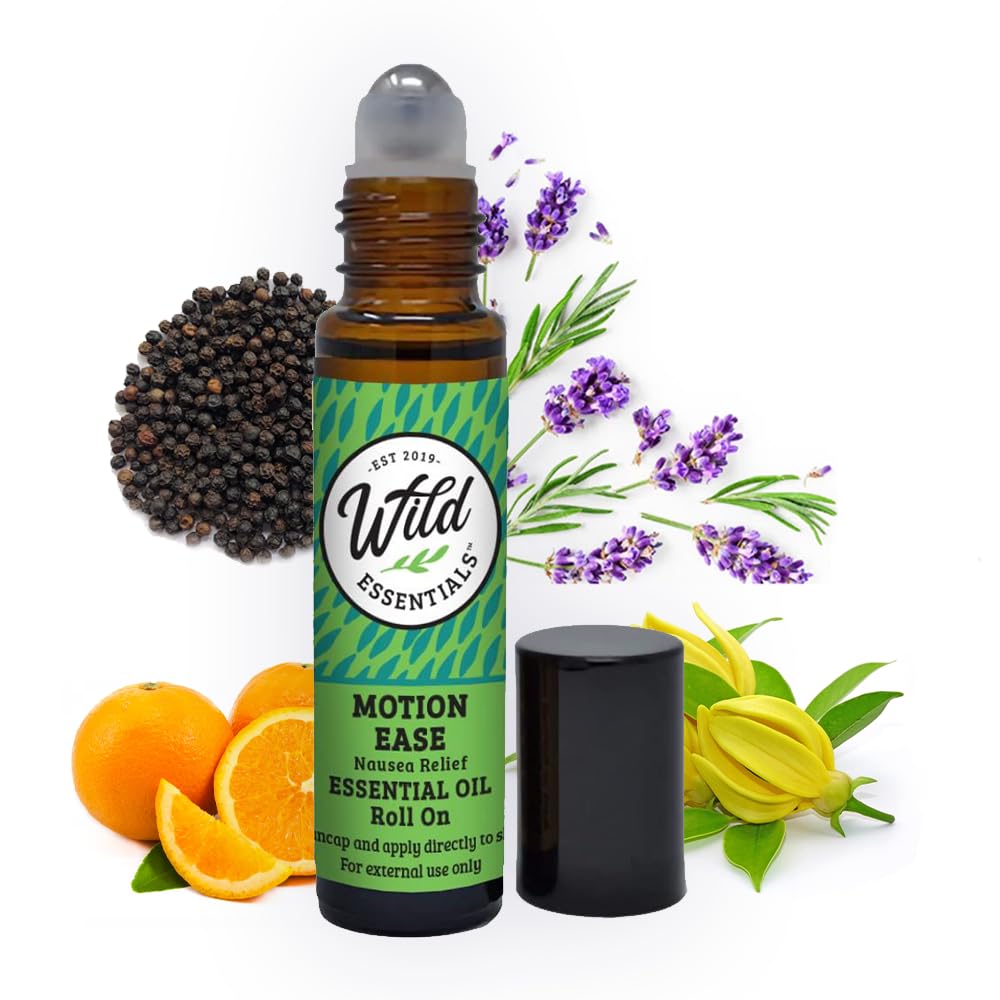 Wild Essentials Motion Ease Essential Oil Roll On, 10ml Motion Sickness, Greaţă, Upset Stomac, Vertigo, Dizzy, Seasick, Carsick, Made with Organic Jojoba Oil, Gata de utilizare, Moisturizer, All Natural