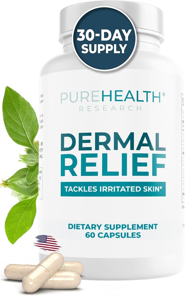 PUREHEALTH Research Dermal Reliefs Supplements - for Iritate Skin, Eczema and Dermatitis with L-Histidină, Ashwagandha Root Extract, Rhodiola Crenulata, Vitamina D and E - 1 Bottle - 60 Capsule
