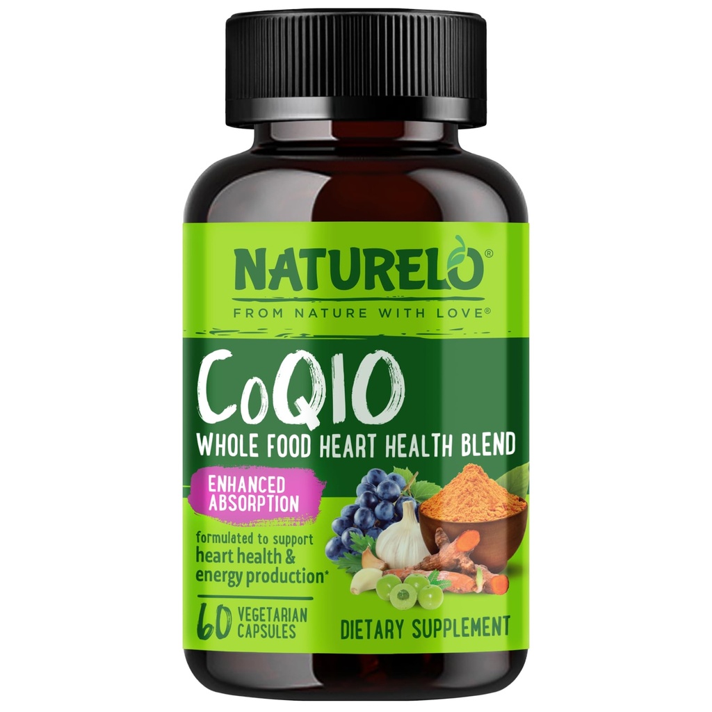 NATURLO Whole Food CoQ10 Supliment, 60 Veg Capsule, Heart Health Blend, puternic antioxidant, CoQ10 100mg pentru producerea de energie