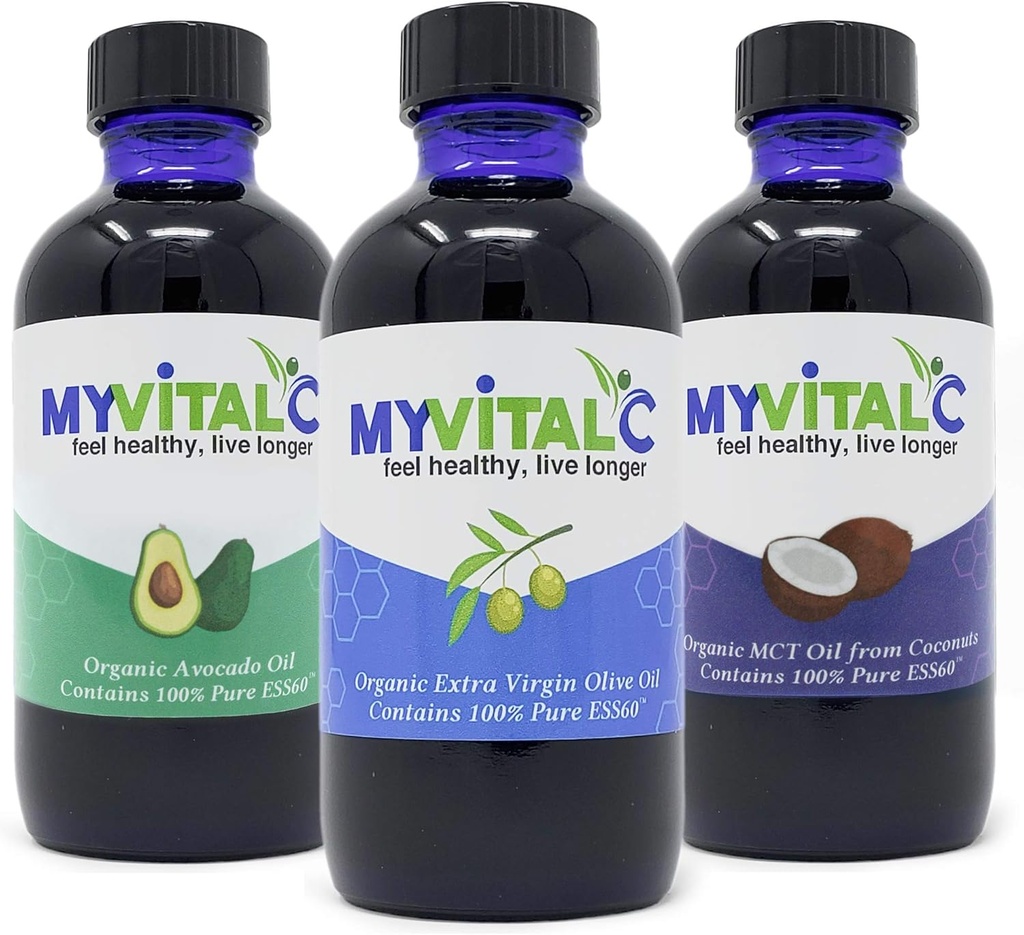 MyVitalC Combo de ulei de măsline organic extra virgin, MCT și ulei de avocado - ESS60 supliment antioxidant - pentru anti-îmbătrânire, longevitate, somn, energie - pachet de 3