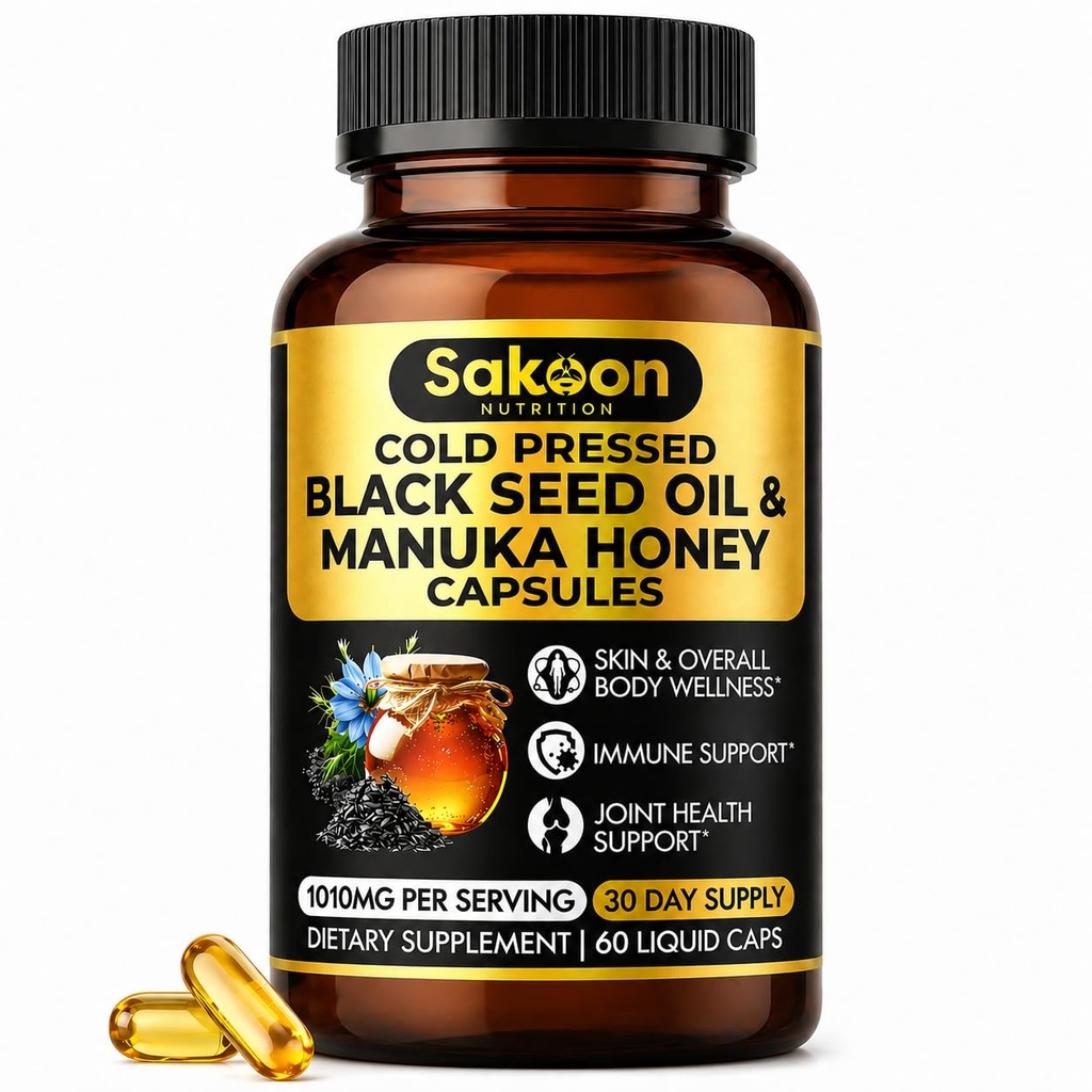 Capsule de ulei negru - Cu Noua Zeelandă Manuka miere, ulei presat la rece turc Nigella Sativa, 2% Thymochinonă, suport imun și digestiv, Made in USA, 60 Conte, 1010mg per servire