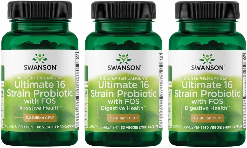 Swanson Dr. Stephen Langer's Formula - Natural Probiotic w/ Prebiotic FOS - 16- Strine Supplement Promoving Digestive Support w/ 3.2 Miliarde CFU per capsule - (60 Veggie Capsule) 3 Pack