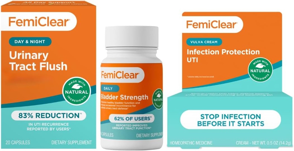 FemiClear - Suport urinar zi si noapte - Supliment rezistenta la vezica urinara - Protectie infectionala Vulva Cream, Protectie impotriva infectiilor la tractul urinar- Producute in SUA