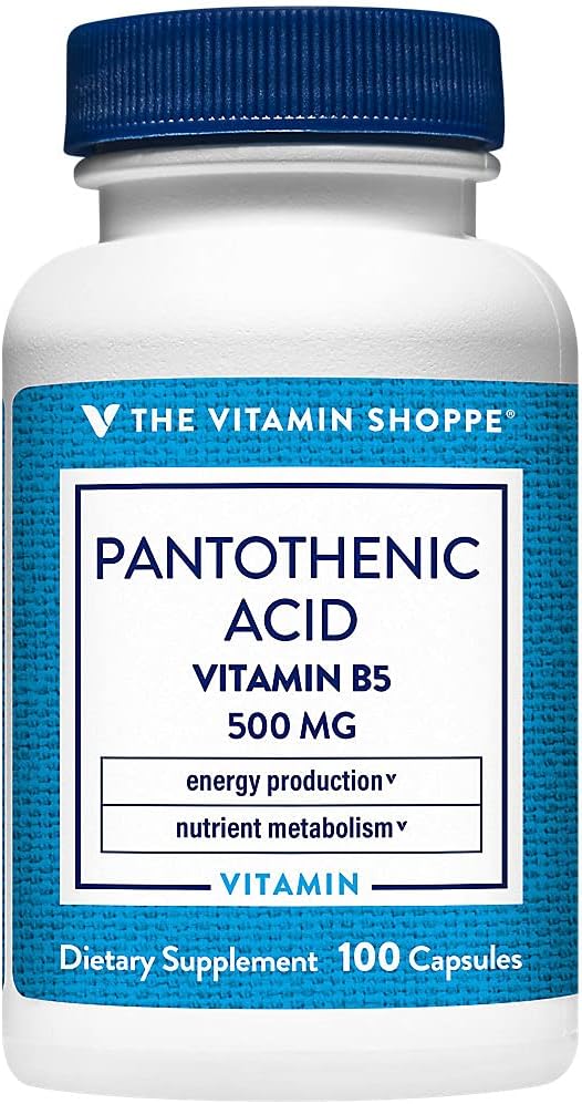 Acidul pantonic de vitamina Shoppe 500MG, cu vitamina B5, susține producția de energie și păr, piele, unghii, o dată pe zi (100 capsule)