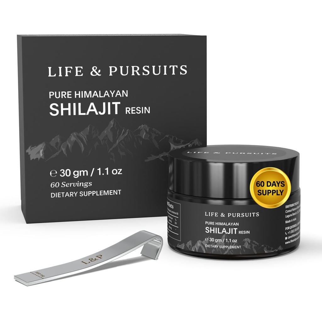 Life & Pure Real India 100% Himalayan Shilajit Resin, 1,1 oz 500mg, minim 75% Acid fuzelian, 85+ urme minerale, Supliment alimentar pentru bărbați 3rd partid Lab Raport de testare, 60 Serviri (Pachet de 1)