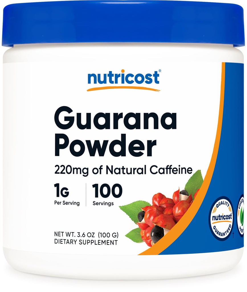 Nutricost Guarana Extract pulbere 100 Grams pe sticla - Natural Brazilian Herbal Cafeina Energizer Supliment